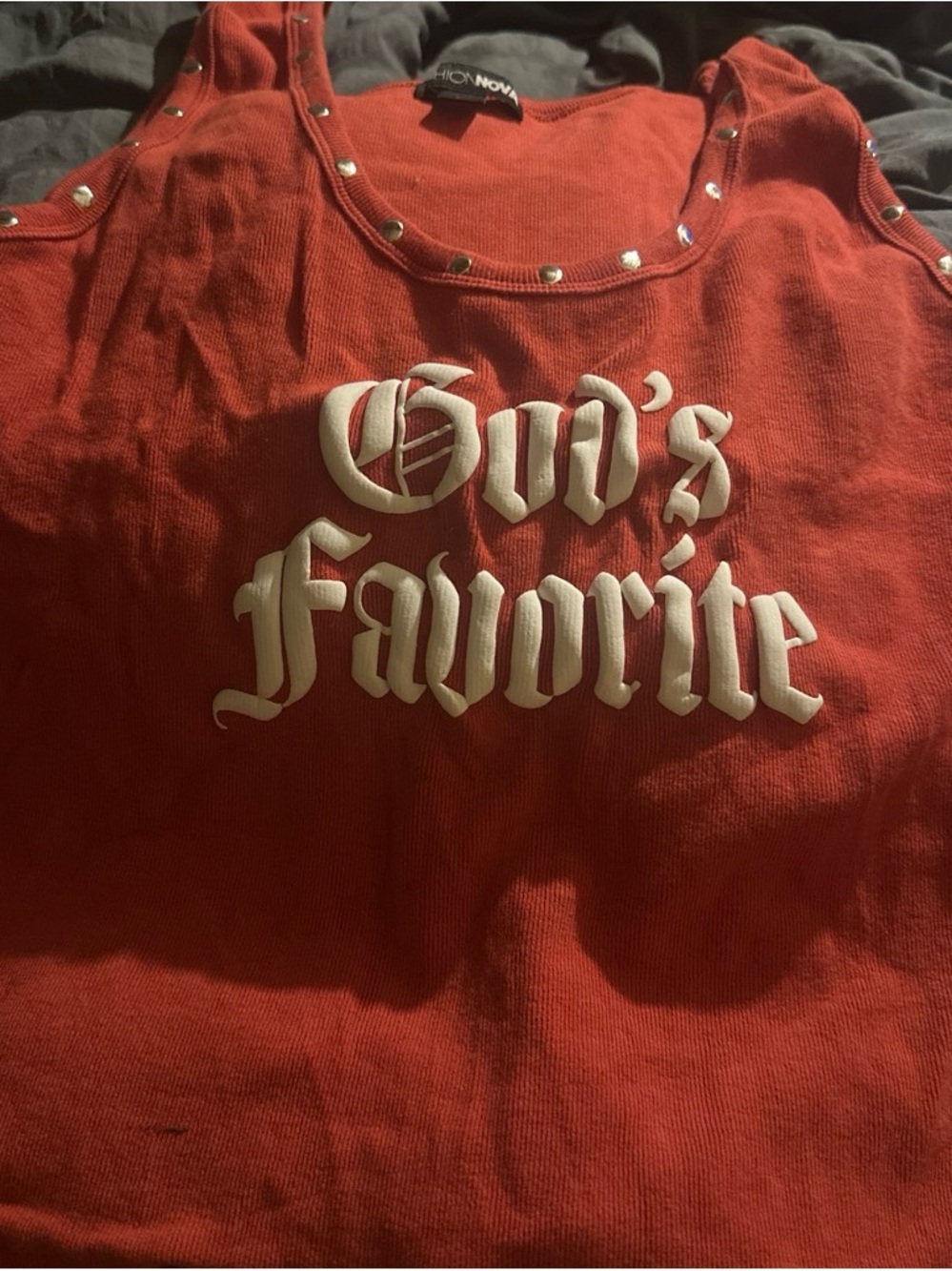Fashion Nova Red Tank Top with White Raised Script and Stud Trim